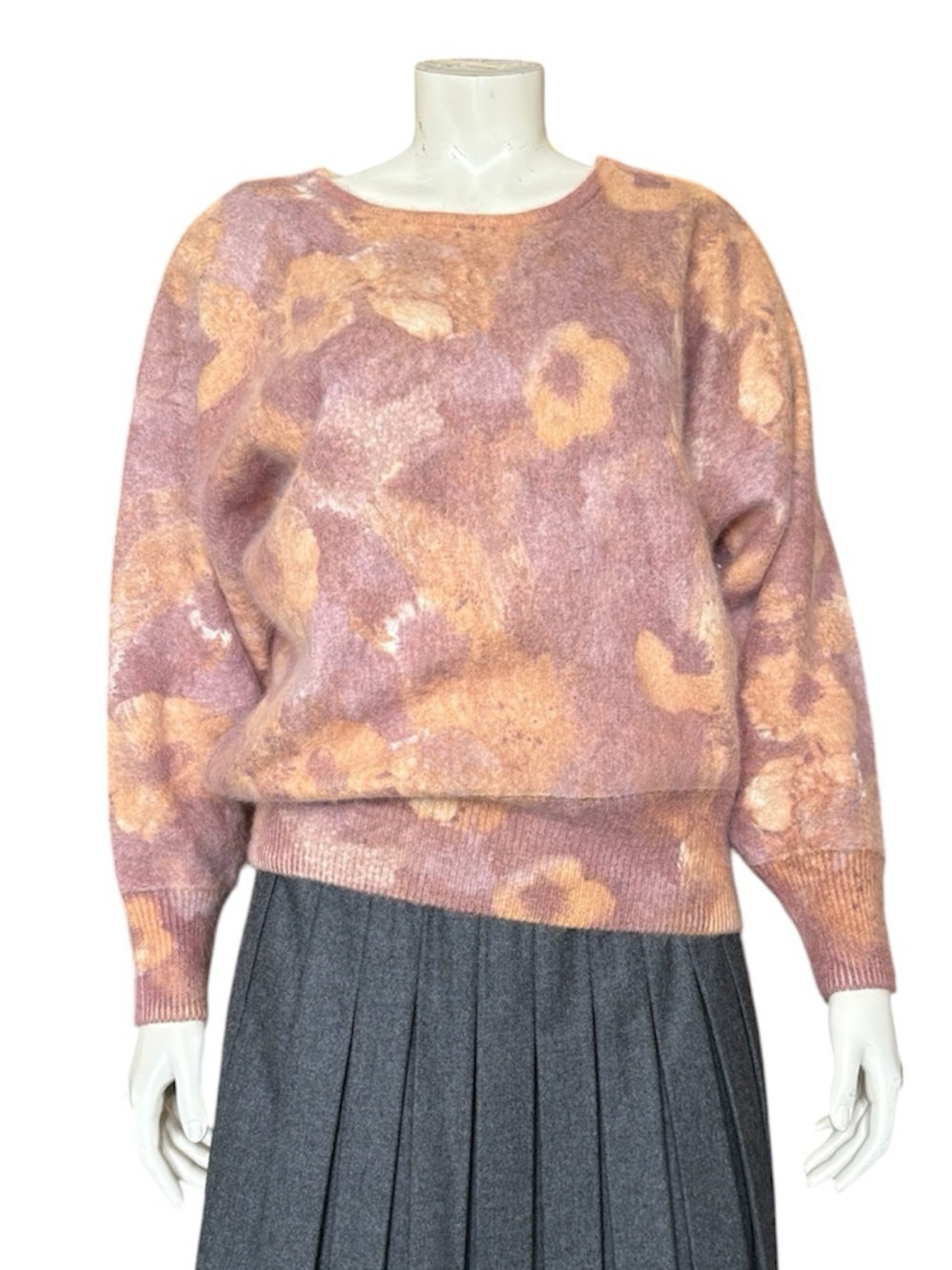 Vintage 80% Angora Floral Knit Sweater – Soft Pink & Peach Fuzzy Pullover Medium